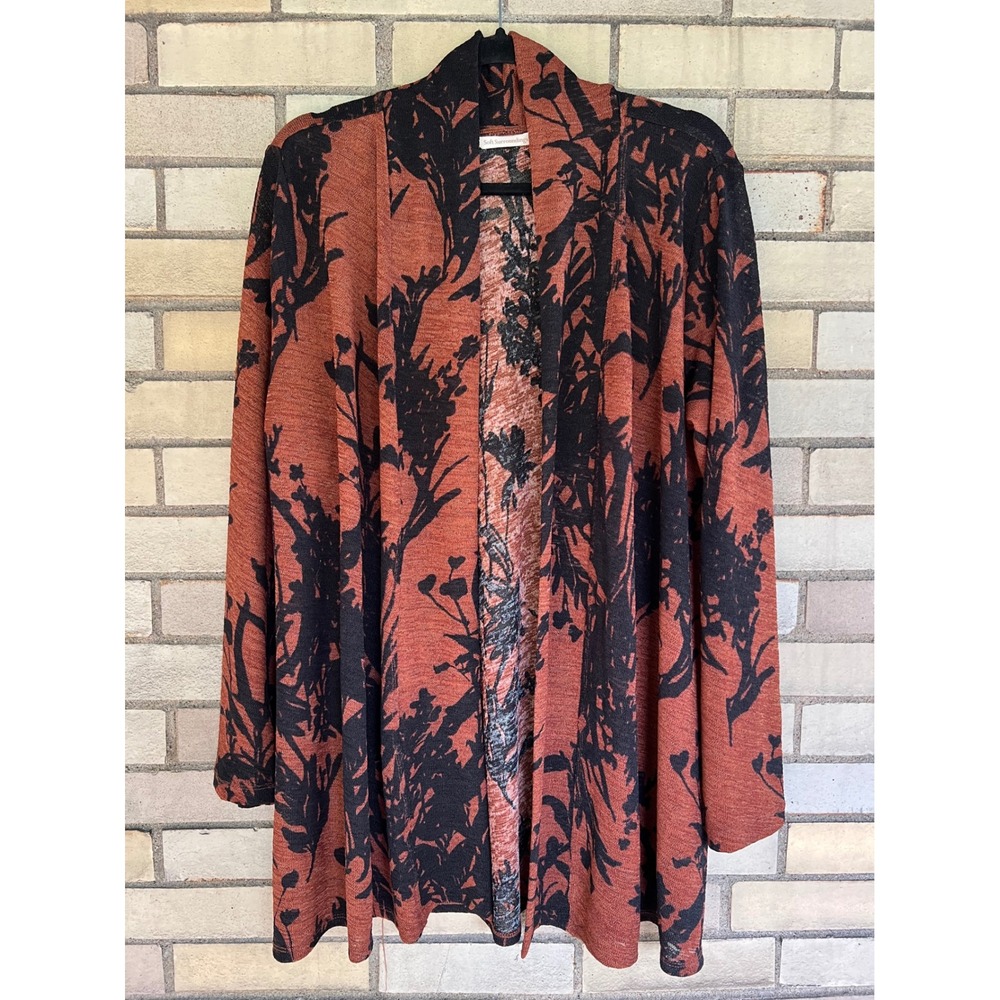 Soft Surroundings Burnt Orange Black Floral Open Front Cardigan Size Medium